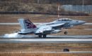 A U.S. Navy Boeing EA 18G Growler from Electronic Attack Squadron 141 landing.