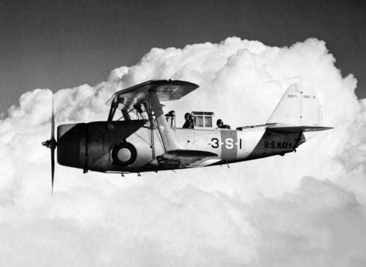 A U.S. Navy Curtiss SBC 3 Helldiver assigned to Scouting Squadron Three VS 3 in flight.