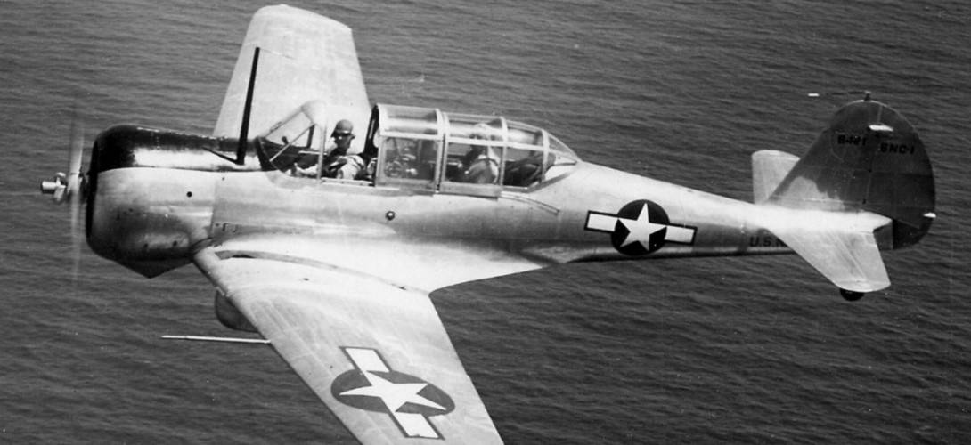 A U.S. Navy Curtiss SNC 1 Falcon trainer from Fleet Air Wing 11 in flight near San Juan Puerto Rico in 1943.