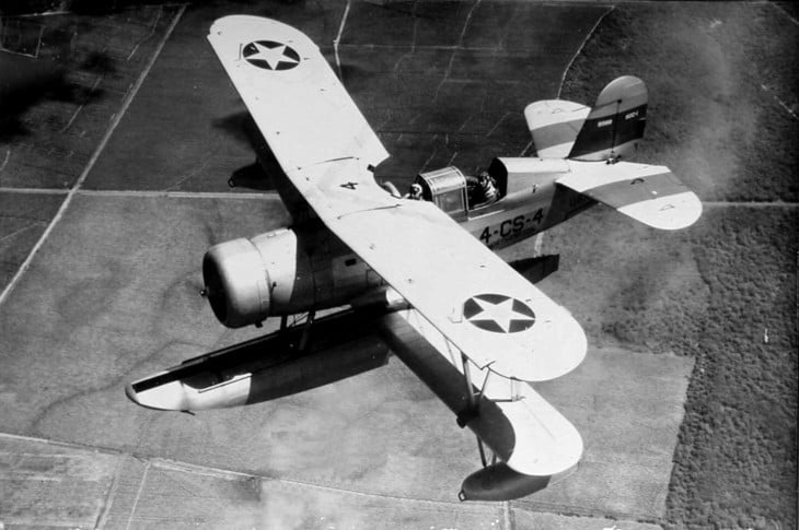 A U.S. Navy Curtiss SOC 1 Seagull of Cruiser Scouting Squadron 4 in flight over Hawaii.