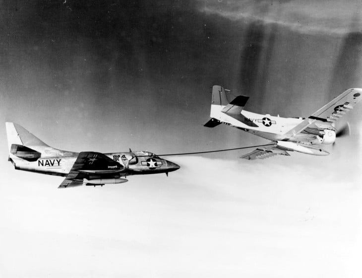 A U.S. Navy Douglas AD 6 Skyraider refueling the second production Douglas A4D 1 Skyhawk.