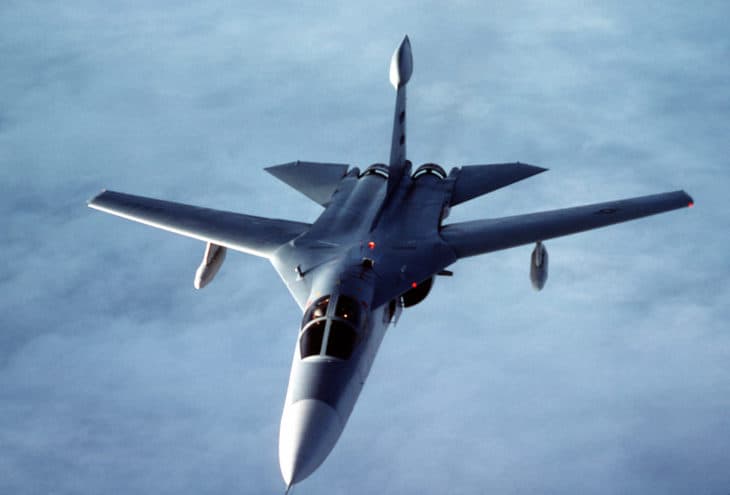 An air to air overhead front view of an EF 111A Raven aircraft.