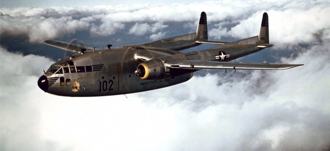Fairchild C 119B of the 314th Troop Carrier Group in flight.
