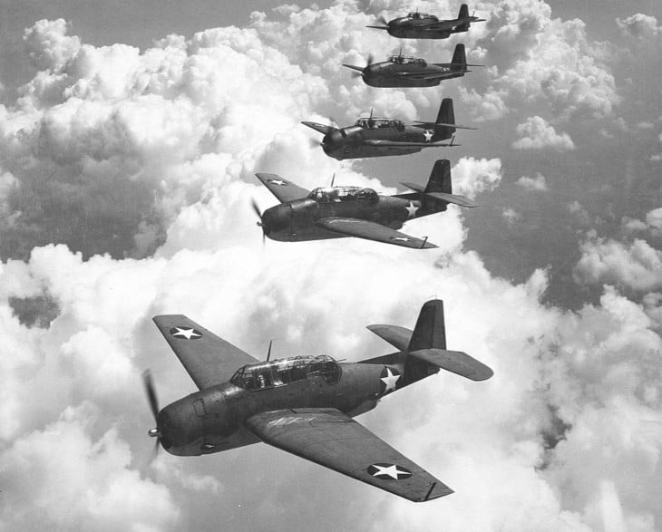Five U.S. Navy Grumman TBF 1 Avengers from Escort Scouting Squadron 29 flying in formation