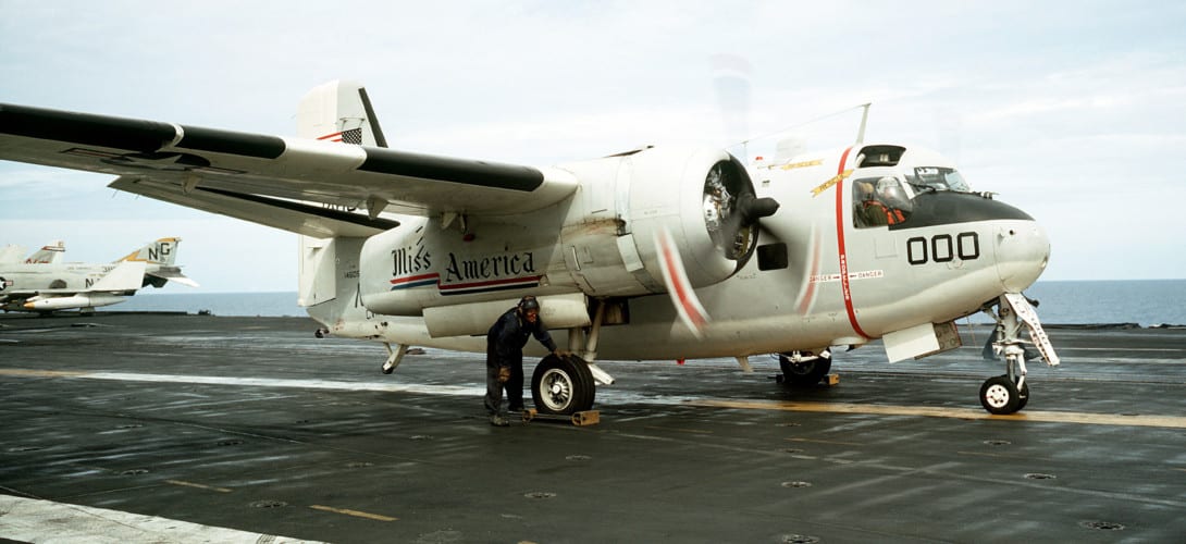 U.S. Navy Grumman C 1A Trader aircraft on the flight deck of the aircraft carrier USS America.